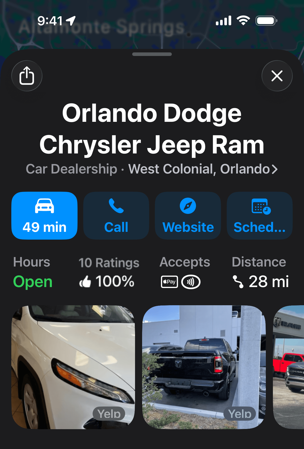 Apple Maps listing: Orlando Dodge Chrysler Jeep Ram showing Apple native rating 100% positive